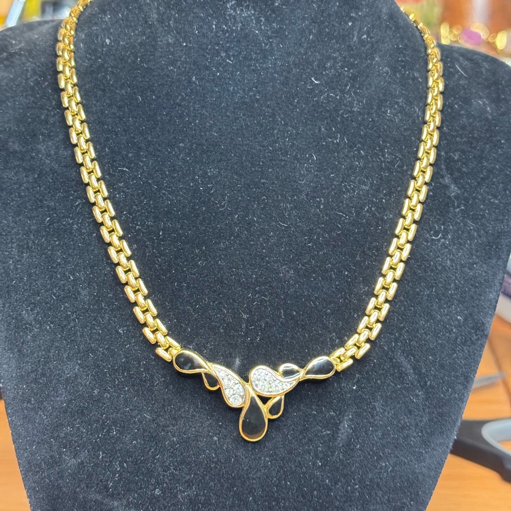 Vintage Nina Ricci Black Enamel, Rhinestone Gold-Toned Chocker Style Necklace